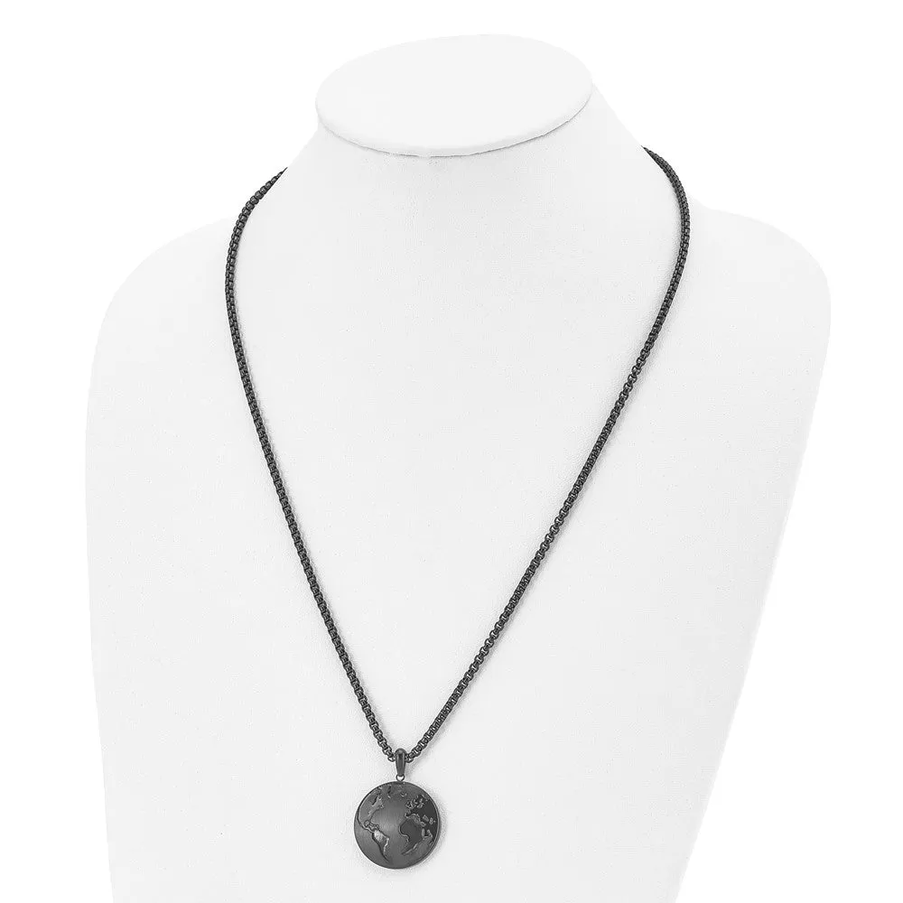 Men's Black Plated Stainless Steel 29mm Earth Necklace, 24 Inch