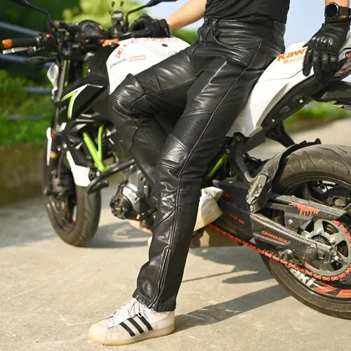 Men's Casual Pure Cowhide Leather Slim Fit Motorcycle High Waist Pants