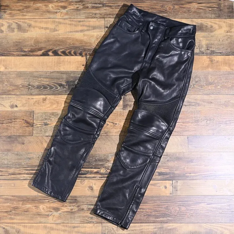 Men's Casual Pure Cowhide Leather Slim Fit Motorcycle High Waist Pants