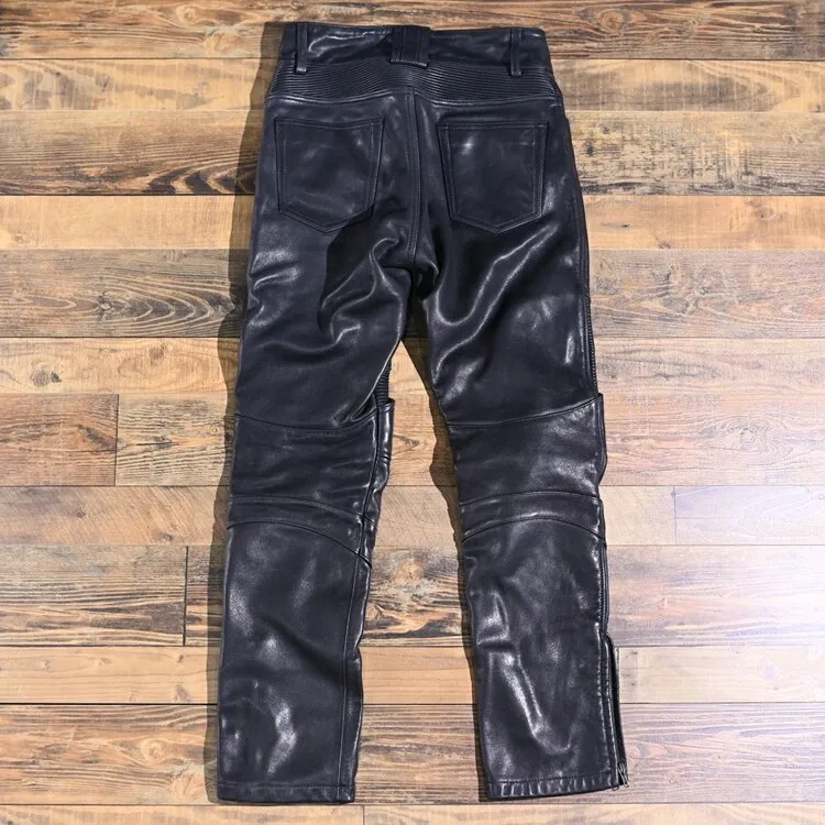 Men's Casual Pure Cowhide Leather Slim Fit Motorcycle High Waist Pants