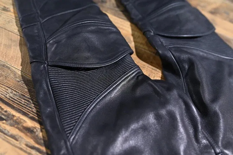 Men's Casual Pure Cowhide Leather Slim Fit Motorcycle High Waist Pants