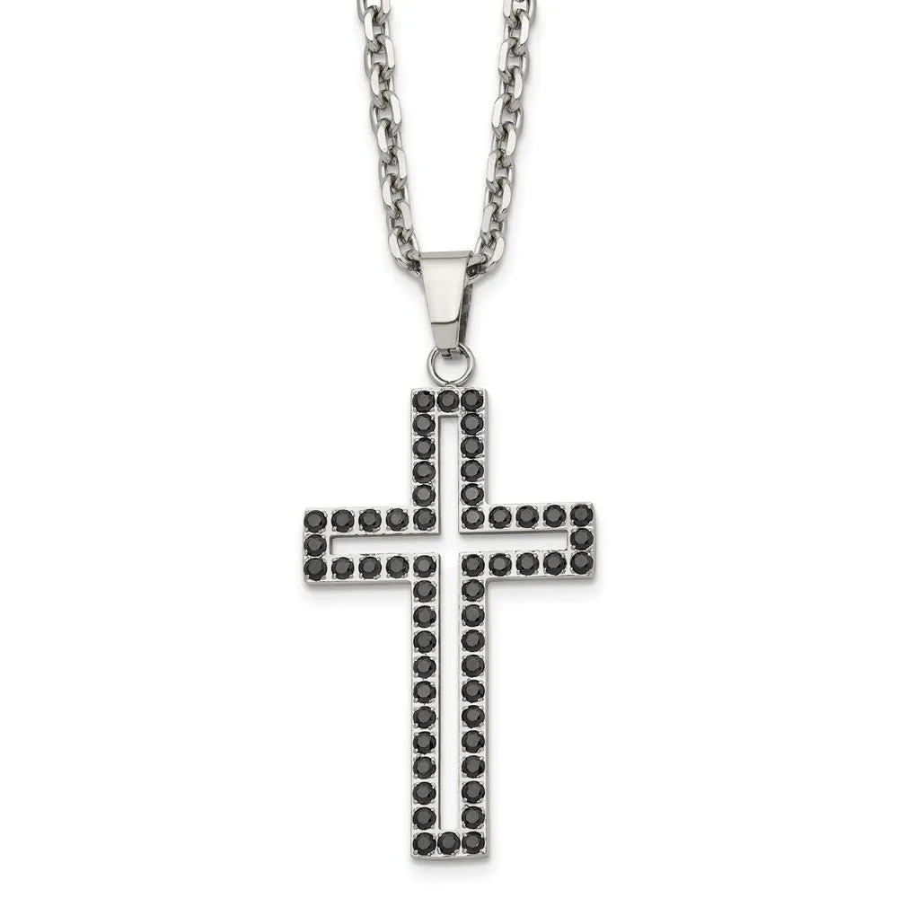 Men's Stainless Steel & Black CZ Voided Cross Necklace, 20 Inch