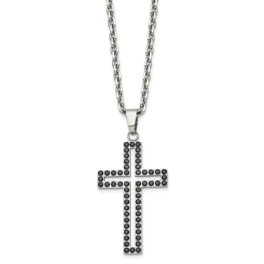 Men's Stainless Steel & Black CZ Voided Cross Necklace, 20 Inch