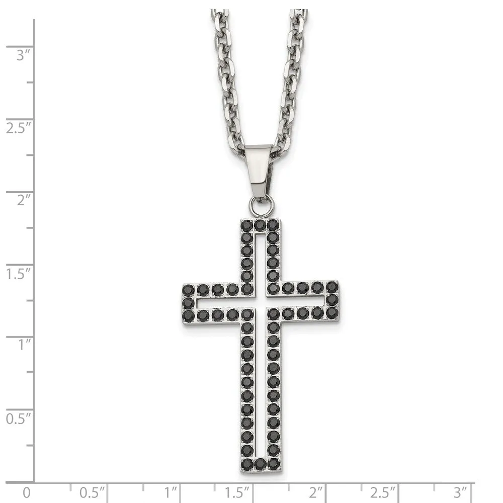 Men's Stainless Steel & Black CZ Voided Cross Necklace, 20 Inch