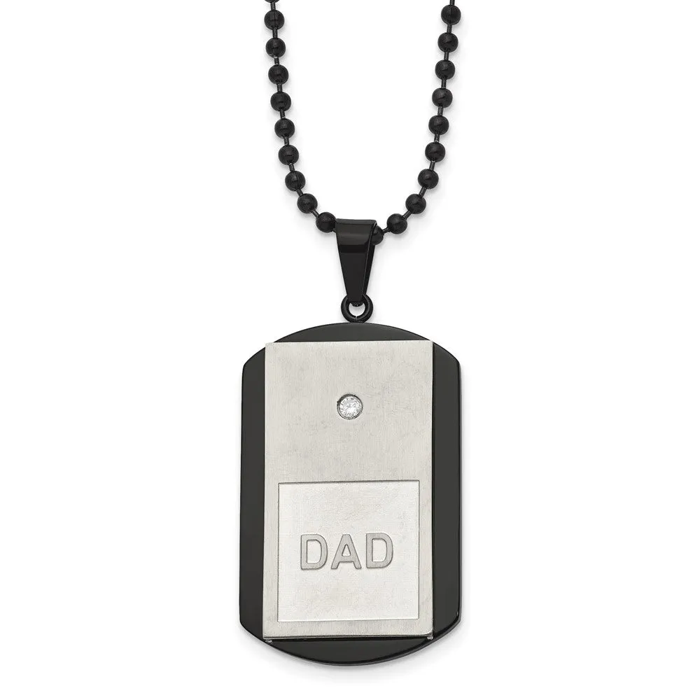 Men's Stainless Steel, Black Plated & CZ DAD Dog Tag Necklace, 22 Inch