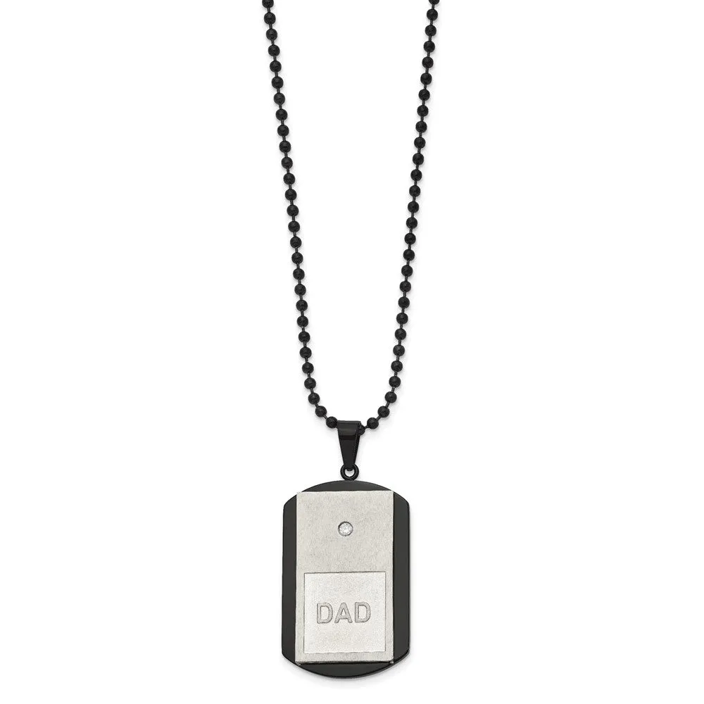 Men's Stainless Steel, Black Plated & CZ DAD Dog Tag Necklace, 22 Inch