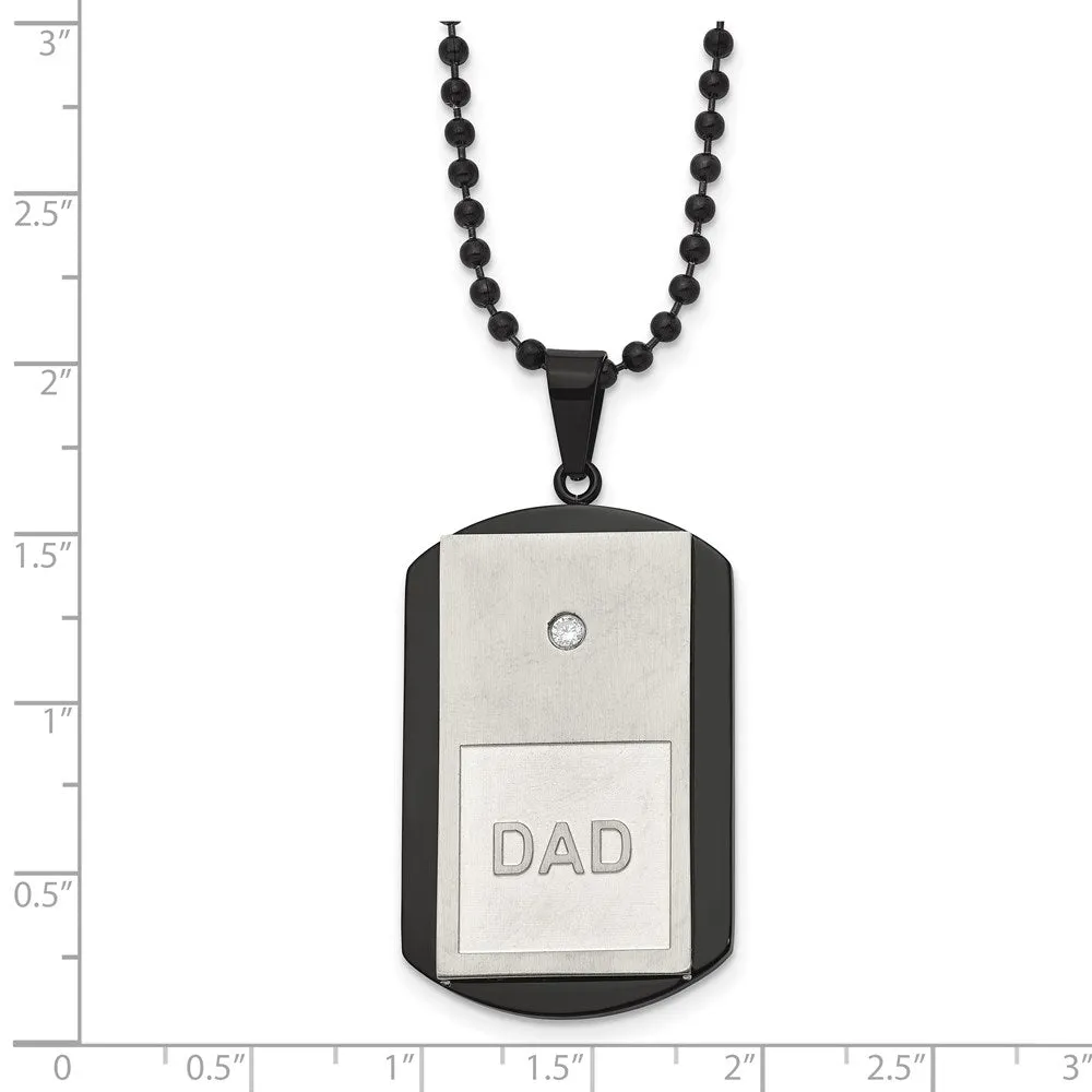 Men's Stainless Steel, Black Plated & CZ DAD Dog Tag Necklace, 22 Inch