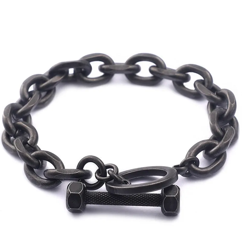 Men's Vintage Black Barbell Shape Stainless Steel Link Chain Bracelet