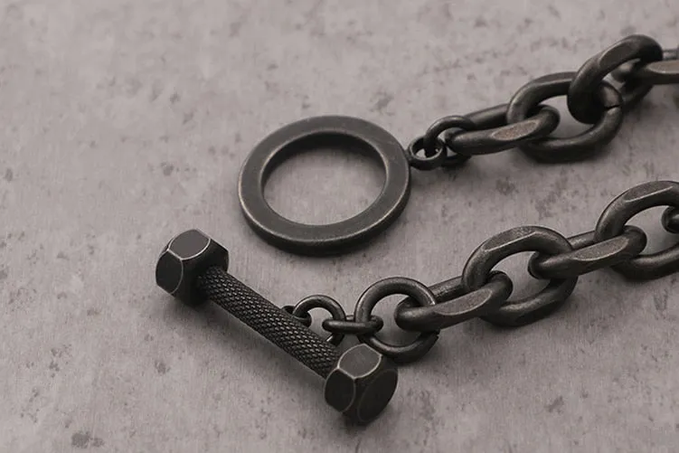 Men's Vintage Black Barbell Shape Stainless Steel Link Chain Bracelet