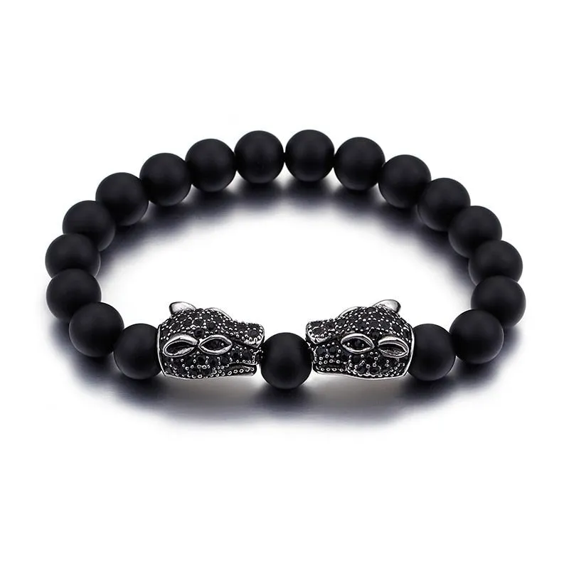 Men's Vintage Punk Rock Solid Stainless Steel Black Bead Bracelet