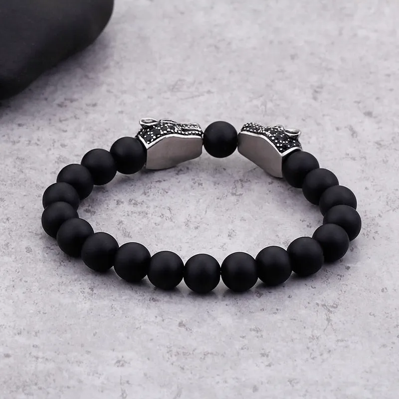 Men's Vintage Punk Rock Solid Stainless Steel Black Bead Bracelet