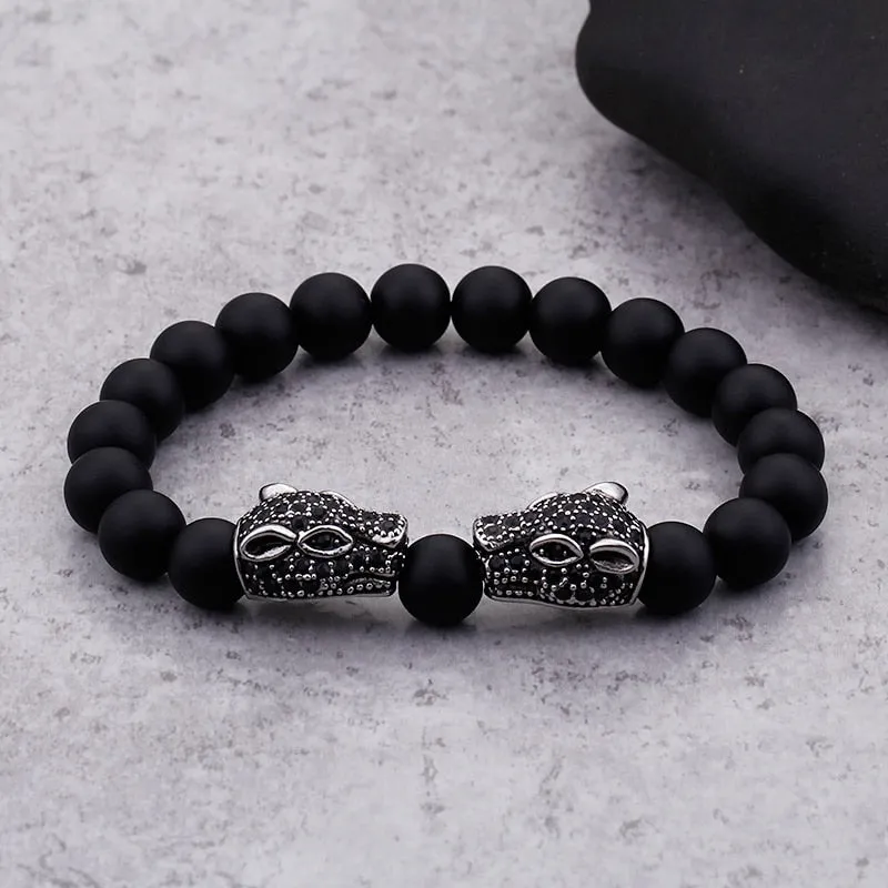 Men's Vintage Punk Rock Solid Stainless Steel Black Bead Bracelet