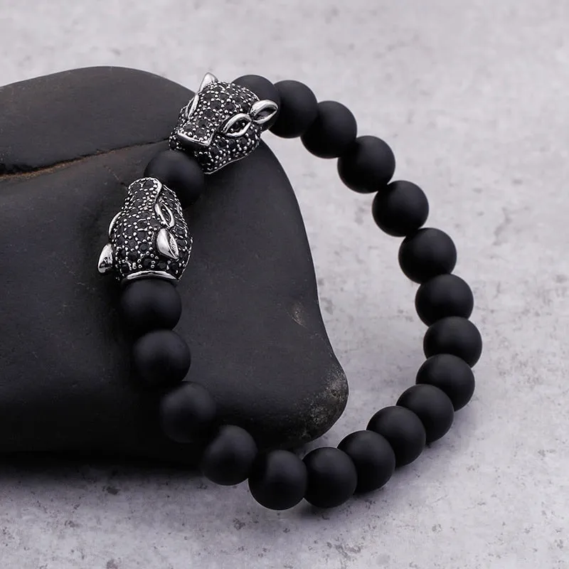 Men's Vintage Punk Rock Solid Stainless Steel Black Bead Bracelet