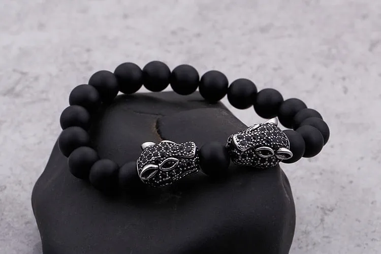 Men's Vintage Punk Rock Solid Stainless Steel Black Bead Bracelet