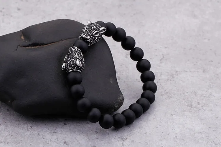 Men's Vintage Punk Rock Solid Stainless Steel Black Bead Bracelet