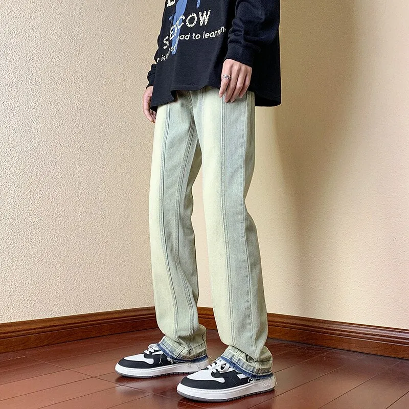 Men's Vintage Stonewash Pattern Straight Slim Fit Jeans Trousers