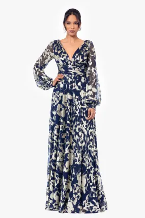 Petite Annabelle Metallic Foil and Long Mesh Sleeve Gown