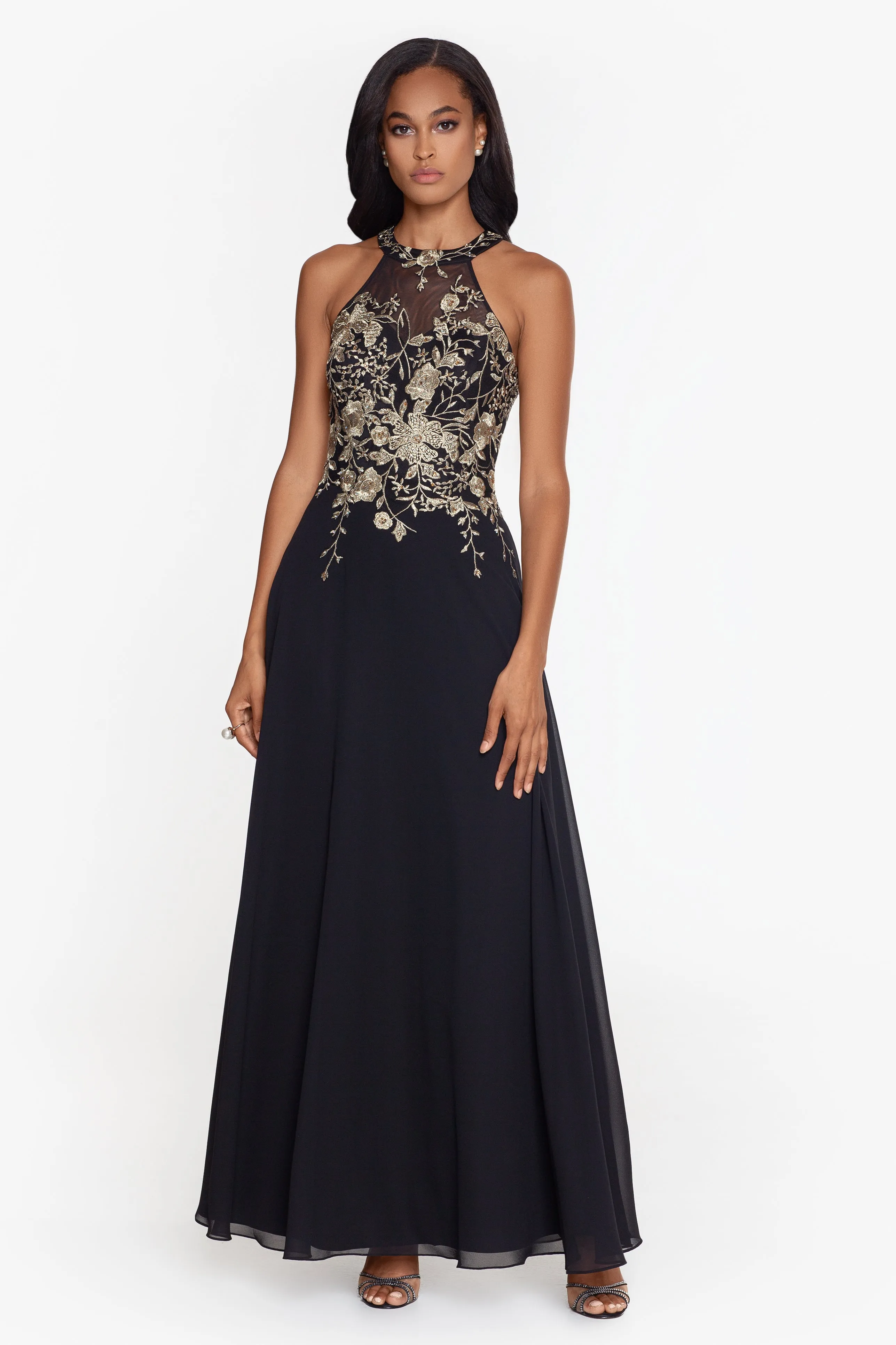 Petite Celeste Long Embroidered Chiffon Gown