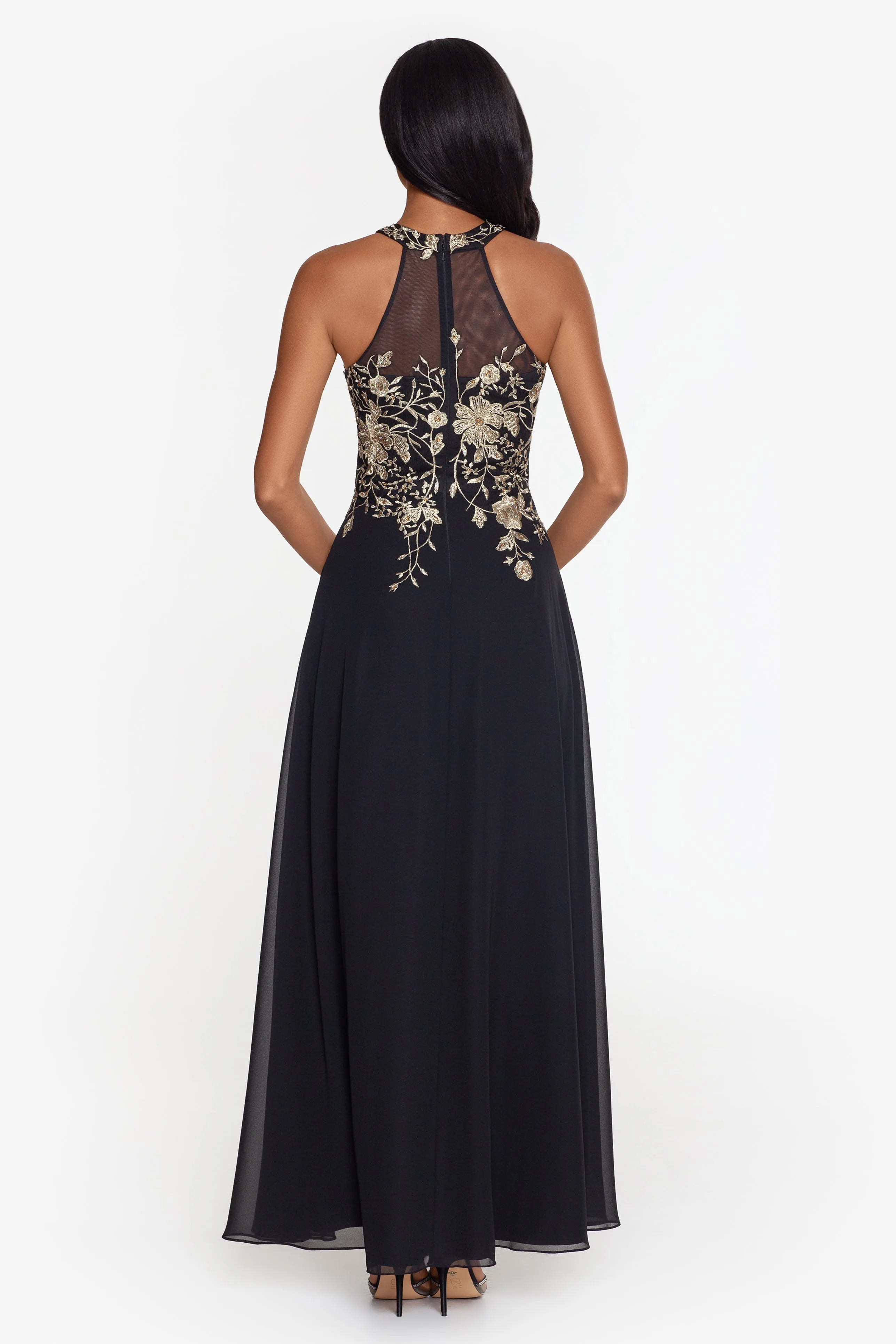 Petite Celeste Long Embroidered Chiffon Gown