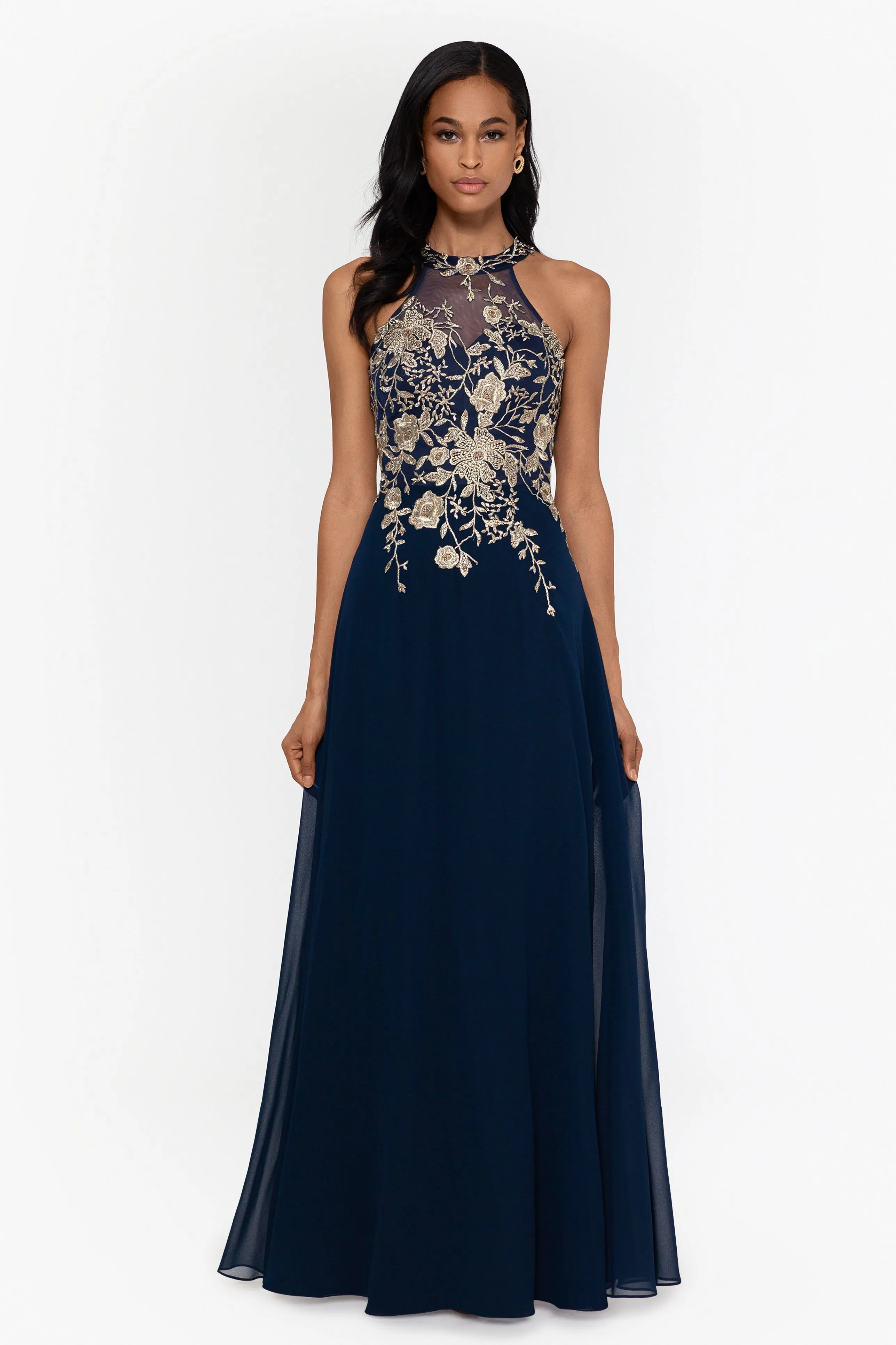 Petite Celeste Long Embroidered Chiffon Gown