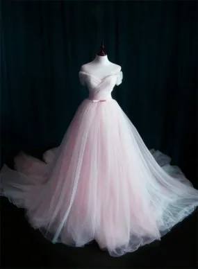 Pink Sweetheart Tulle Long Wedding Party Dress with Belt, Pink Formal Gown