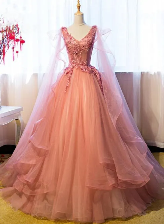 Pink Tulle Sweet 16 Party Dress with Lace Applique, Long Formal Gown