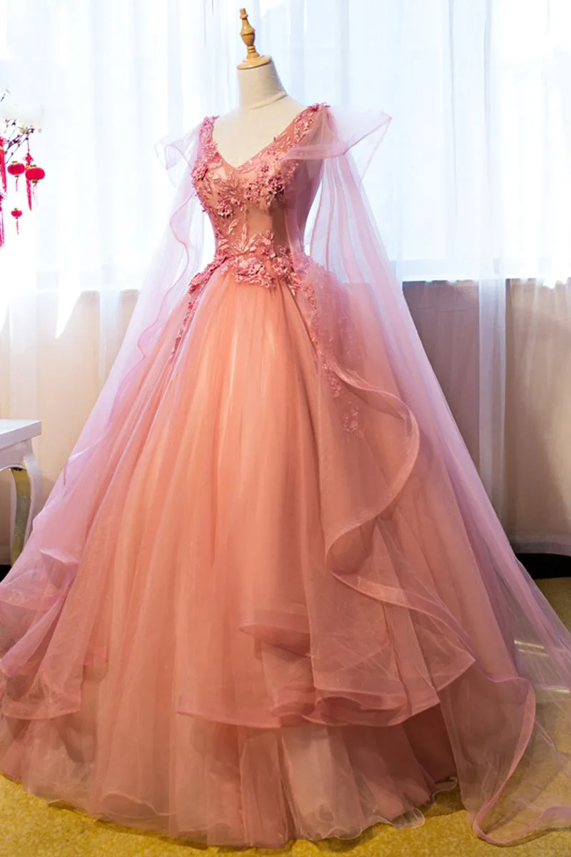 Pink Tulle Sweet 16 Party Dress with Lace Applique, Long Formal Gown