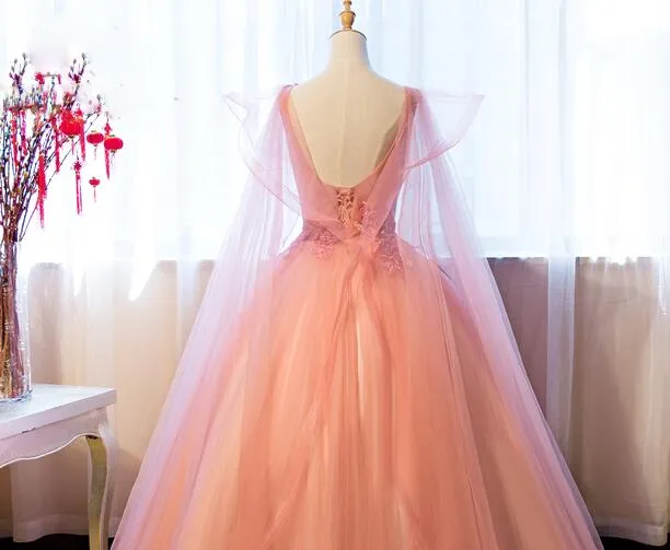 Pink Tulle Sweet 16 Party Dress with Lace Applique, Long Formal Gown