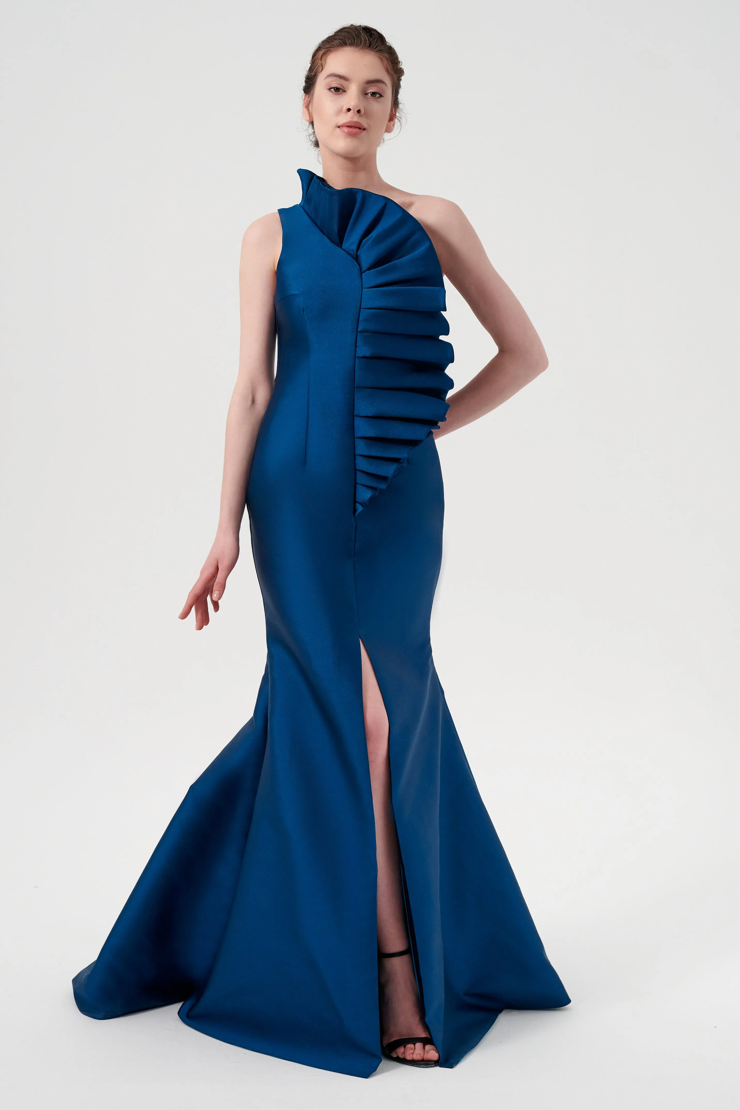 Pleated Fan Effect One Sleeve Long Mermaid Gown