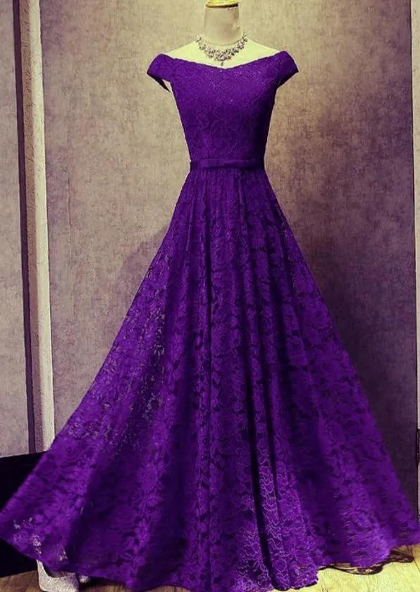 Purple Lace Long Bridesmaid Dress, Off Shoulder Party Gown