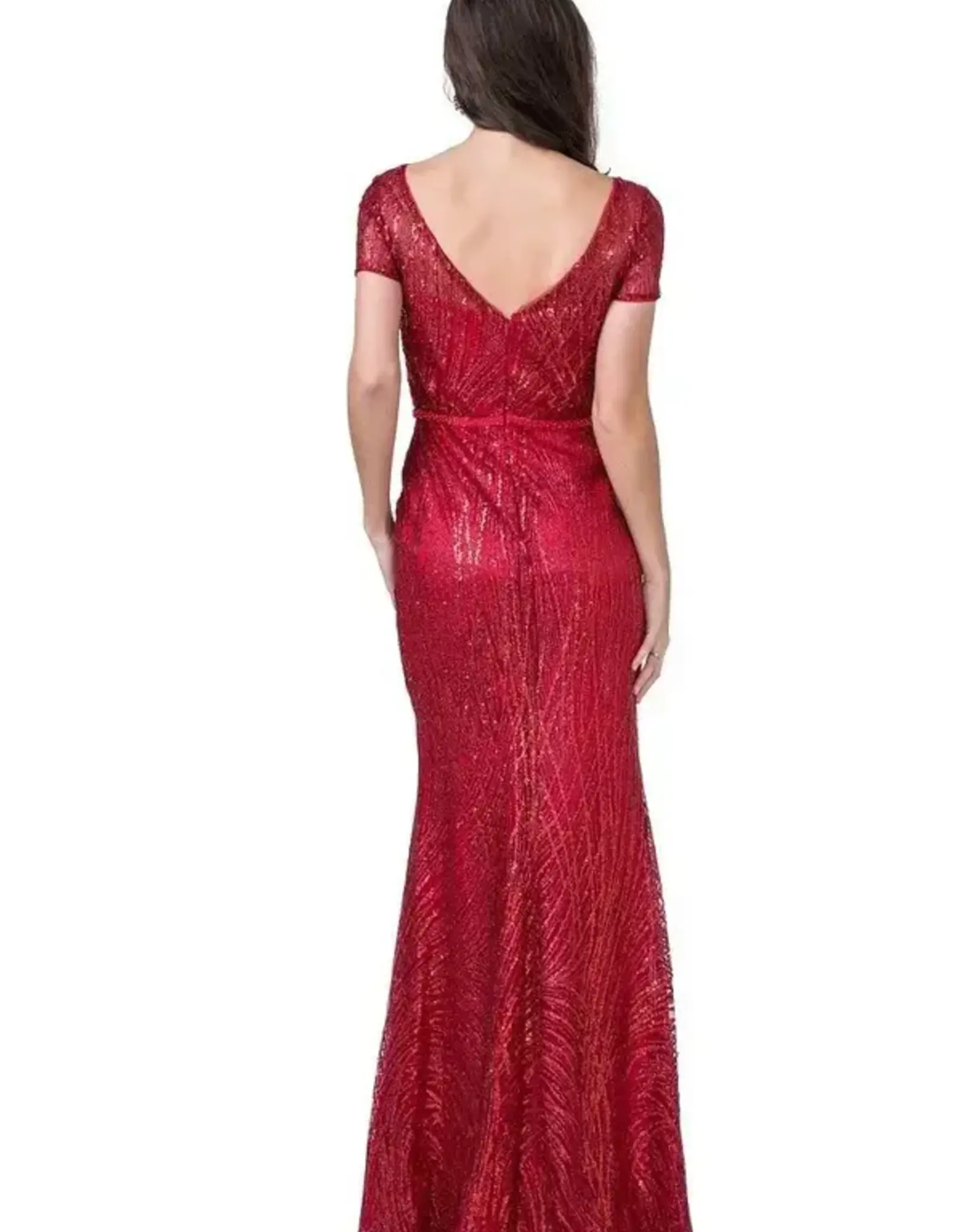   Red Glitter Embellished w/quarter sleeve Gown