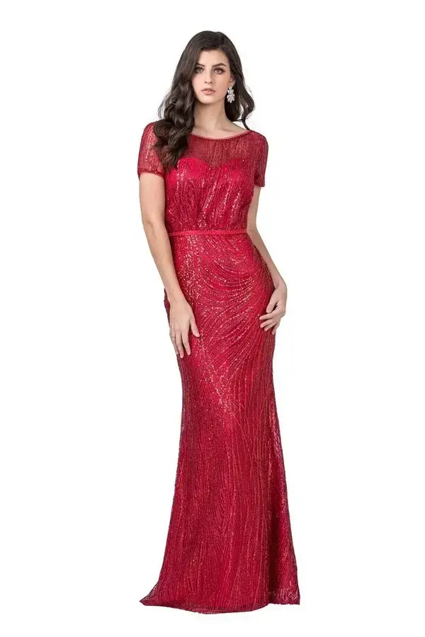   Red Glitter Embellished w/quarter sleeve Gown