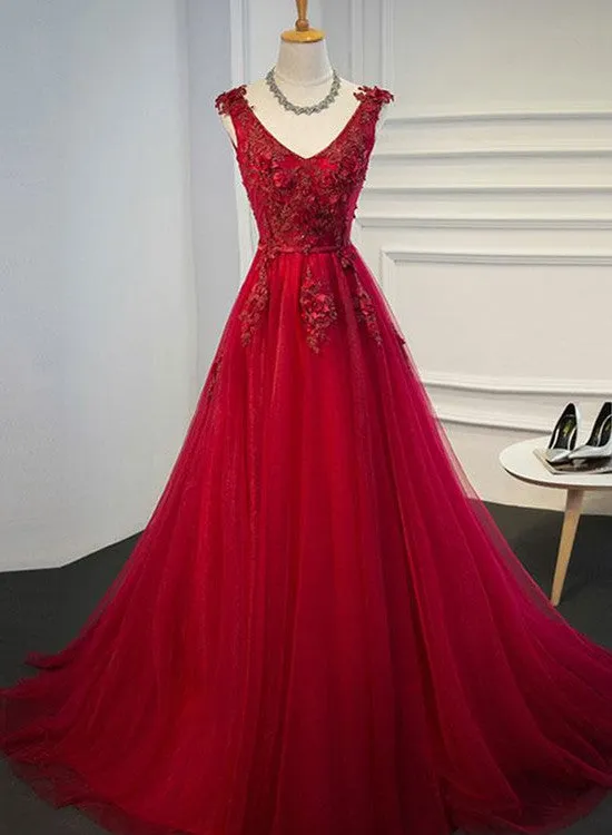 Red Long Party Gown 2019, Red Tulle Formal Dress