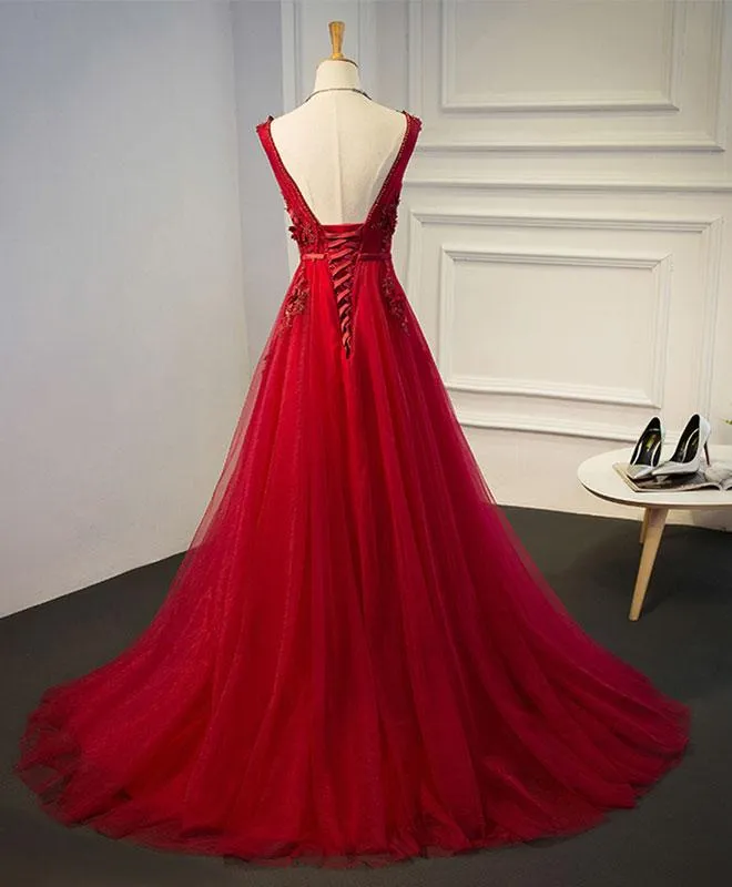 Red Long Party Gown 2019, Red Tulle Formal Dress