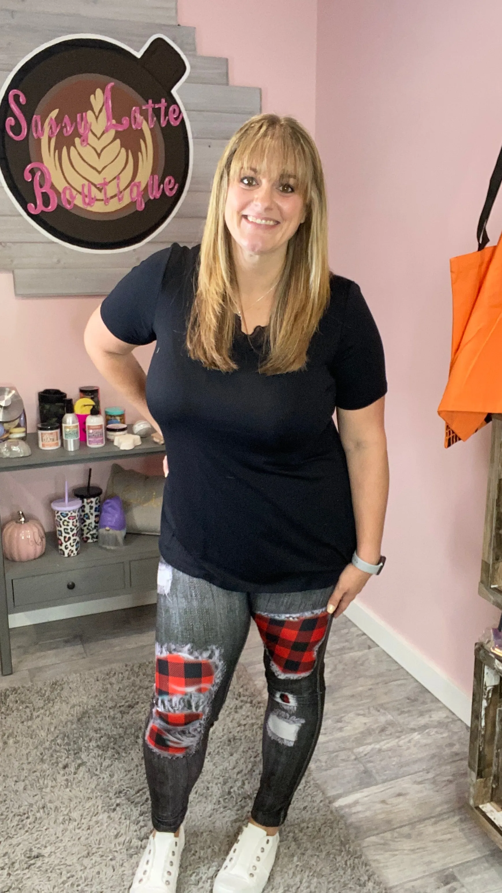 Red Plaid Patched Leggings