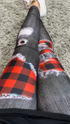 Red Plaid Patched Leggings