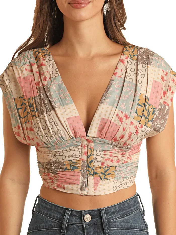 Rock & Roll Denim BW50T03269 Womens Gathered Top With Patchwork Print Multicolor