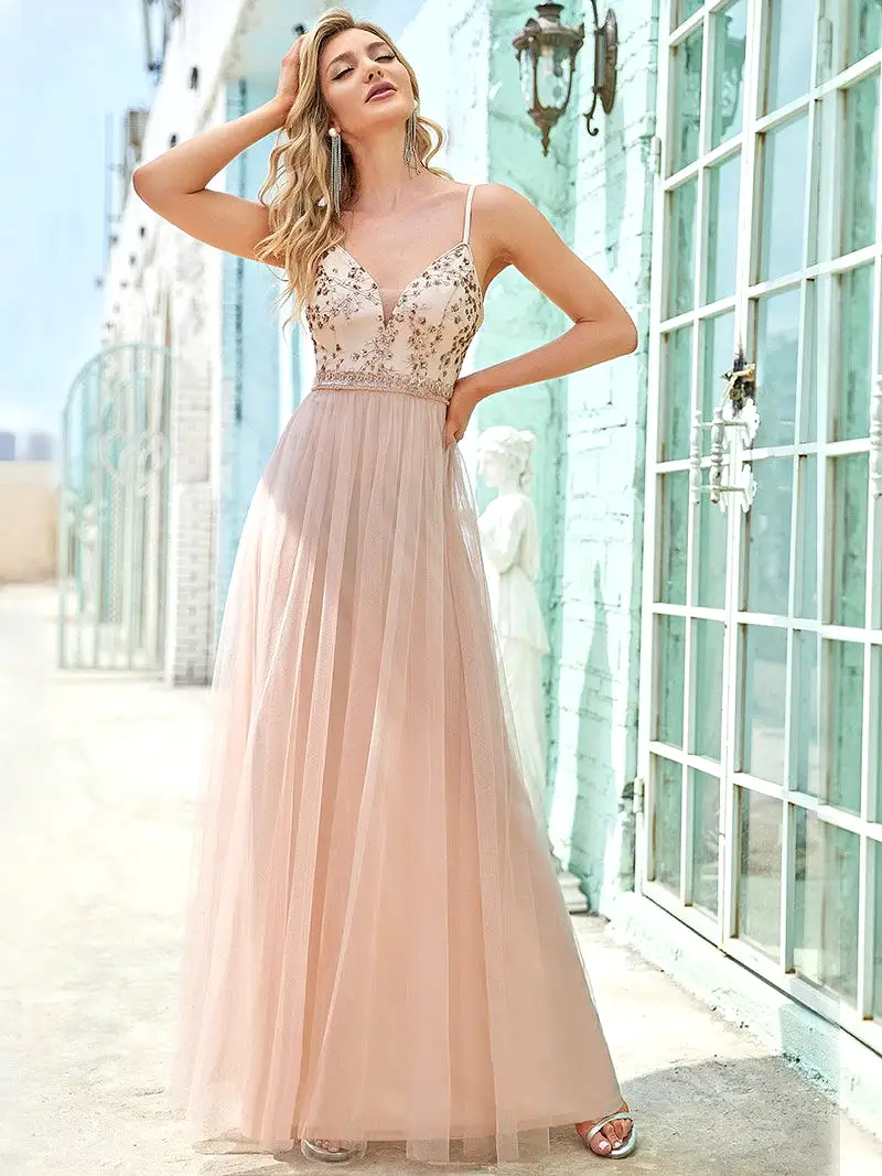 Spaghetti Strap with  Applice and Tulle Long Gown  50062