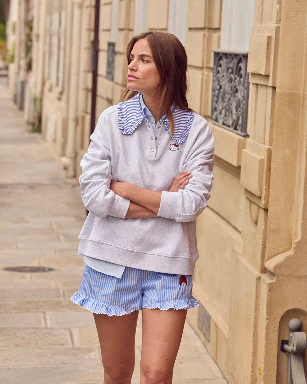 Sweat-shirt Tammy gris et rayures bleu Hello Kitty