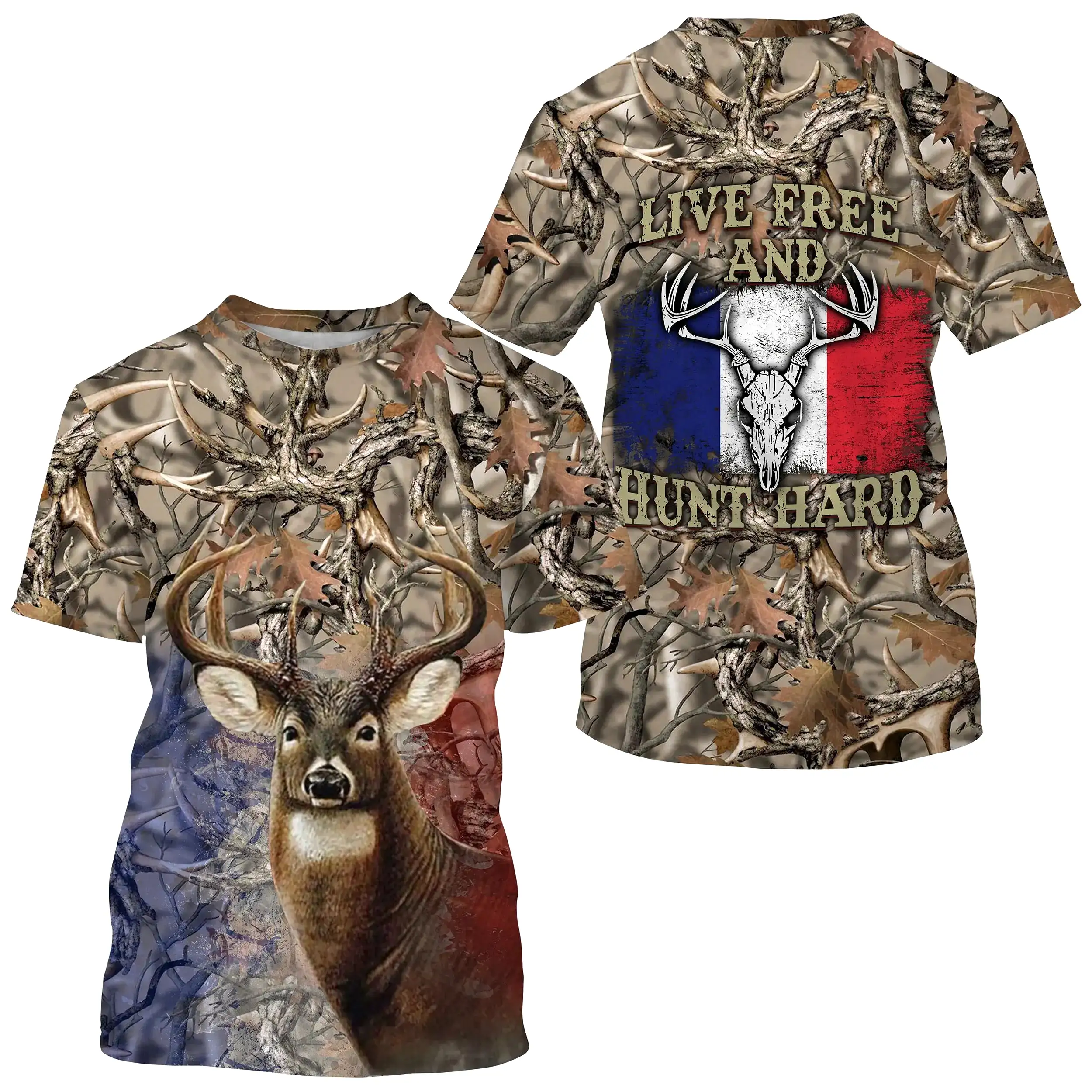 T-shirt Chasse Au Cerf, Live Free Hunt Hard, Drapeau France, Camouflage De Chasse - CT06092219