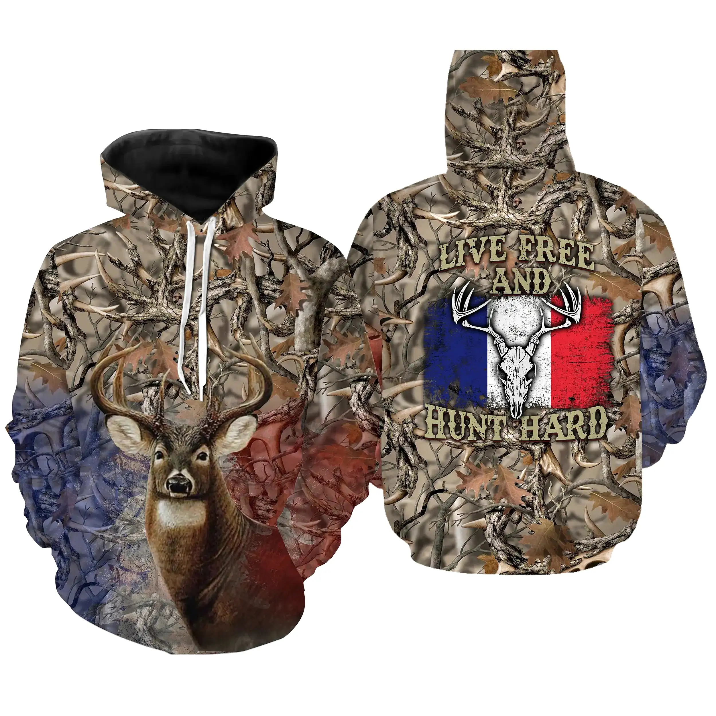 T-shirt Chasse Au Cerf, Live Free Hunt Hard, Drapeau France, Camouflage De Chasse - CT06092219