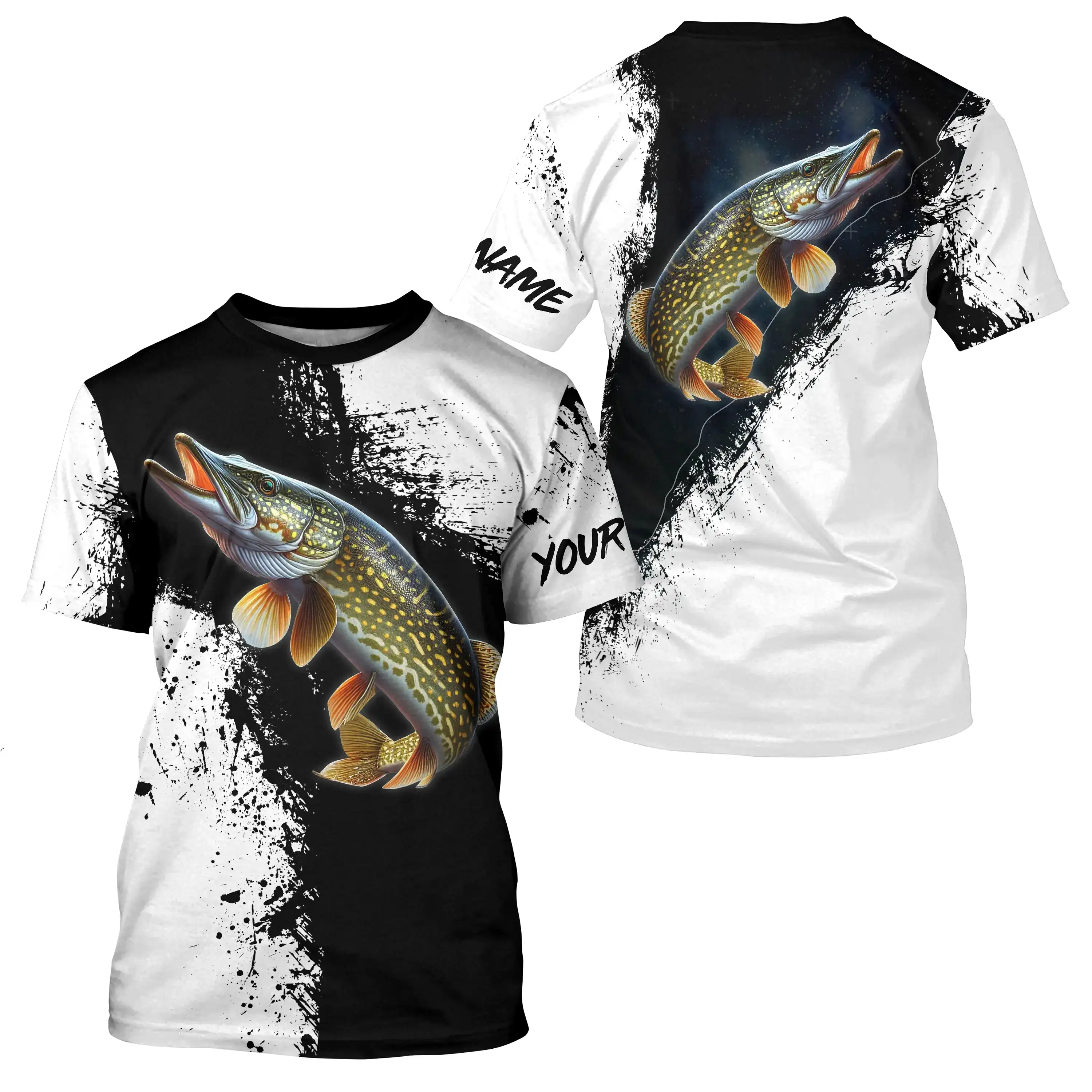 T-shirt Personnalisé Pêche Du Brochet, Noir et Blanc, Cadeau Original Pêcheur - CT26072210