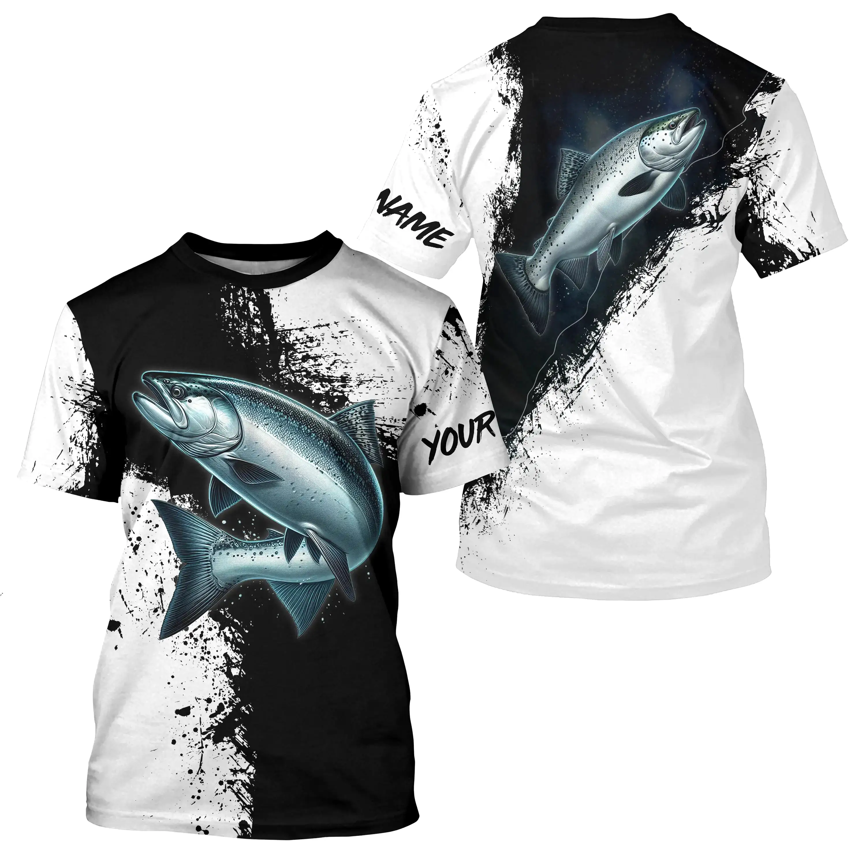 T-shirt Personnalisé Pêche Du Saumon Noir et Blanc, Cadeau Original Pêcheur - CT26072212