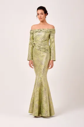 Tree Bark Crinkled Pleated Long Sleeve Jacquard Mermaid Gown