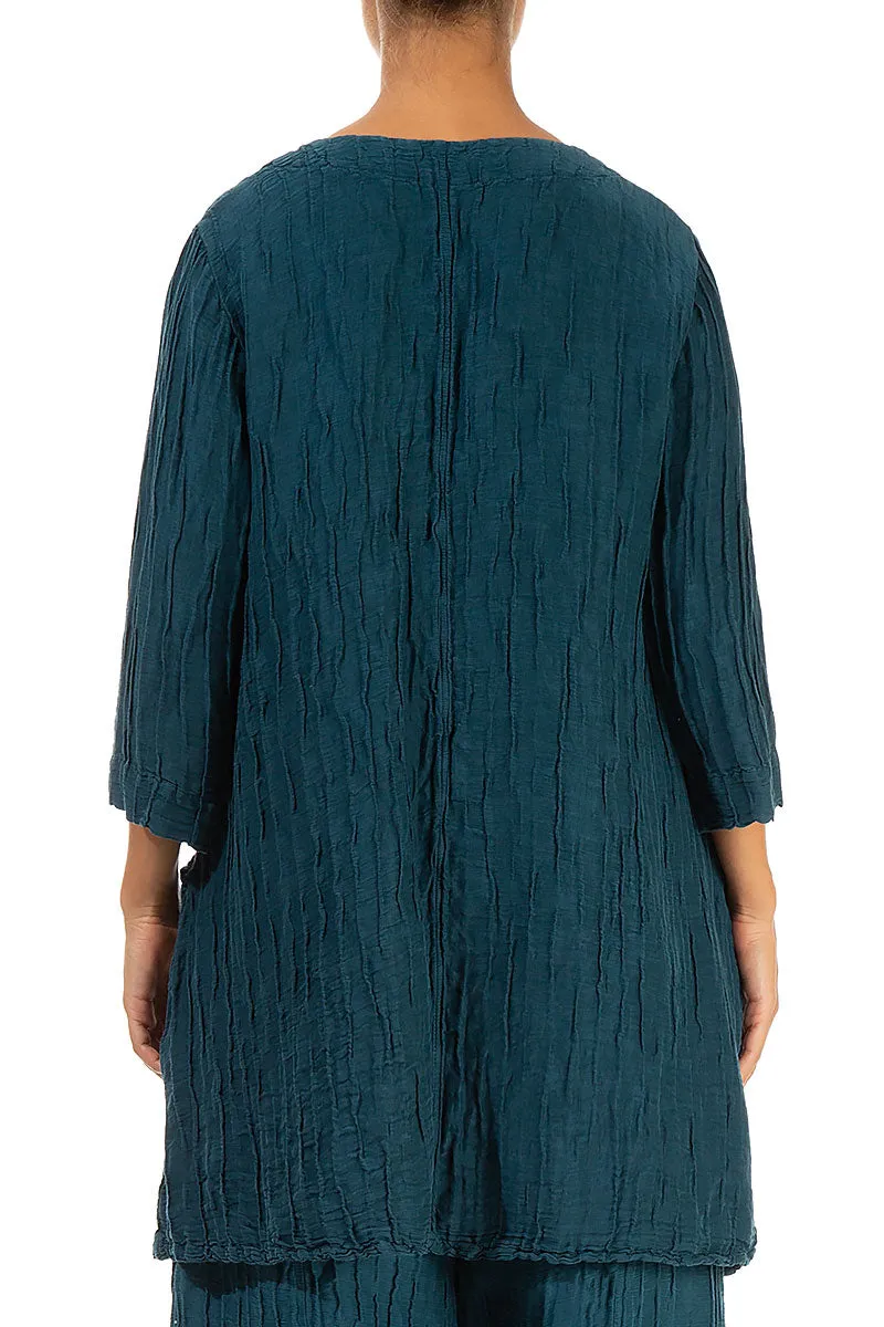 Twin Pockets Crinkled Dark Teal Silk Linen Tunic