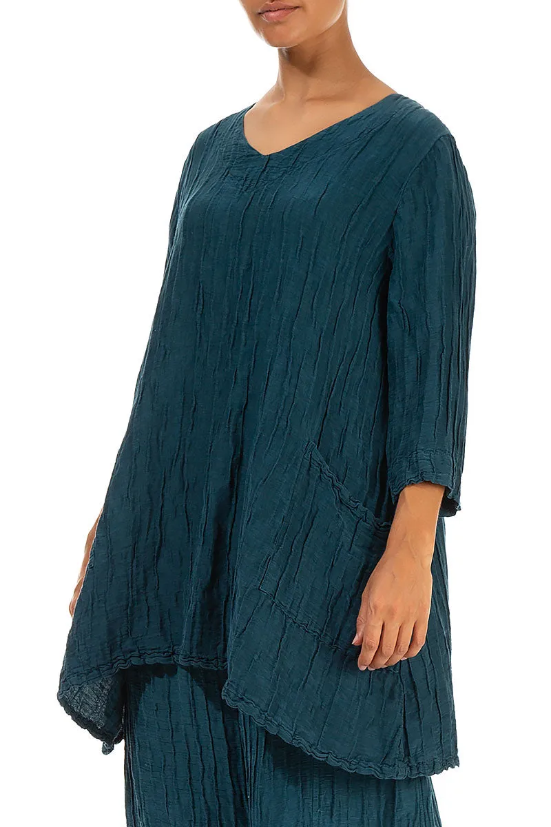 Twin Pockets Crinkled Dark Teal Silk Linen Tunic