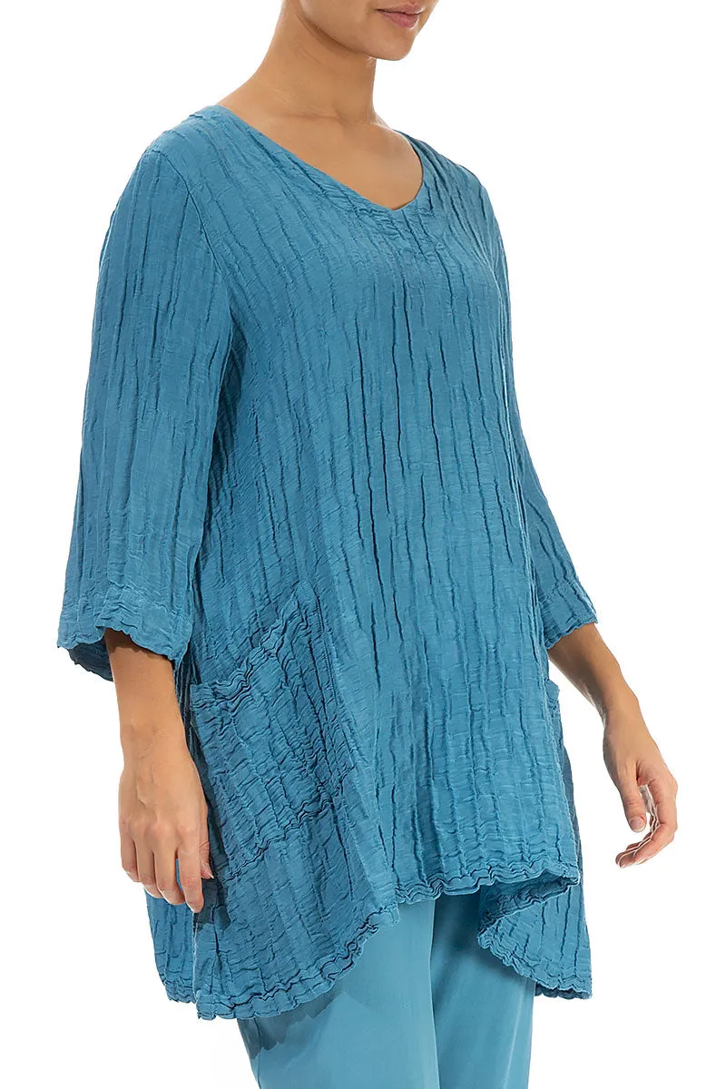 Twin Pockets Crinkled Denim Silk Linen Tunic