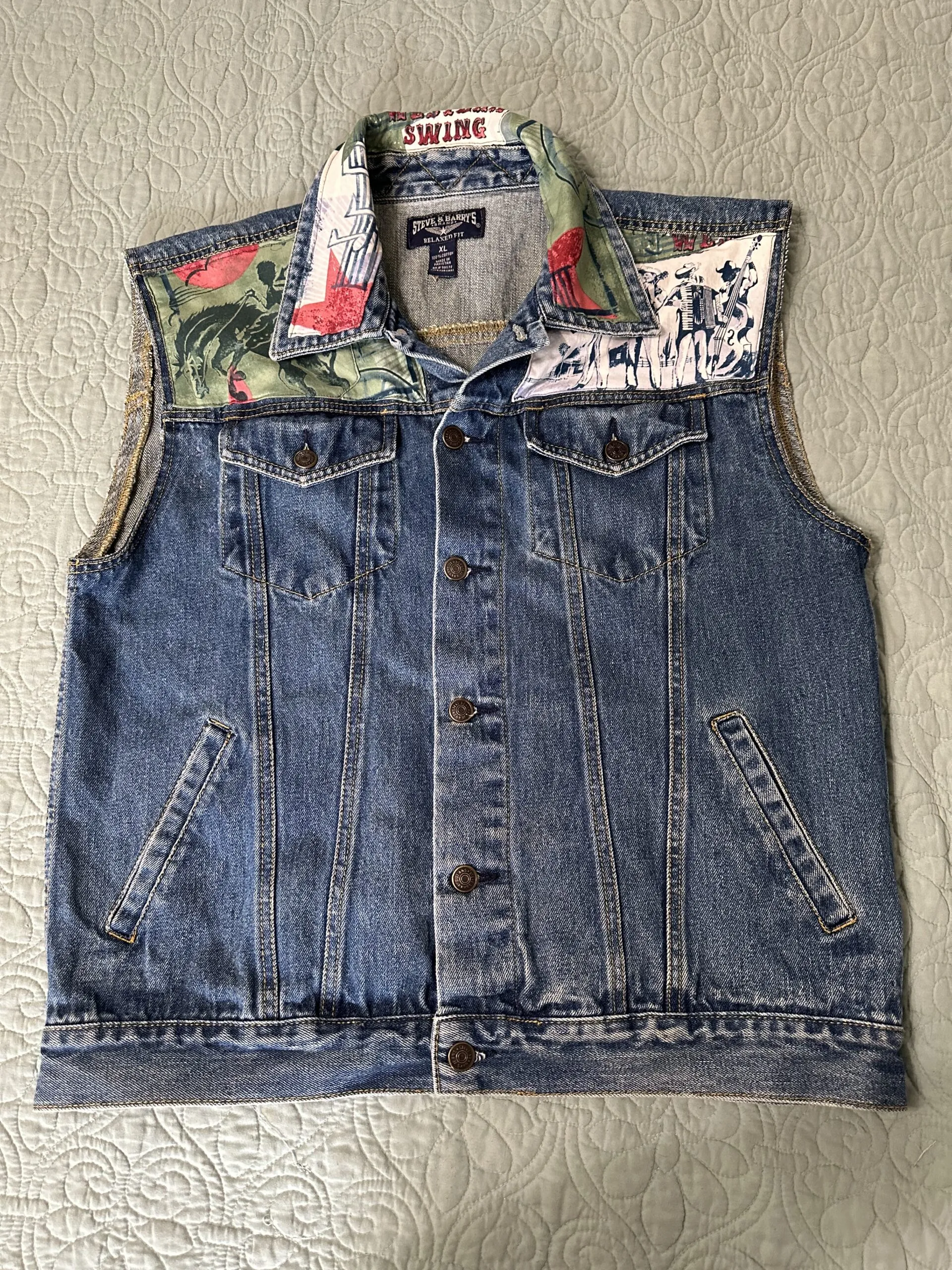 Upcycled denim vest embellished w/vintage Alexander Henry Honky Tonk fabric