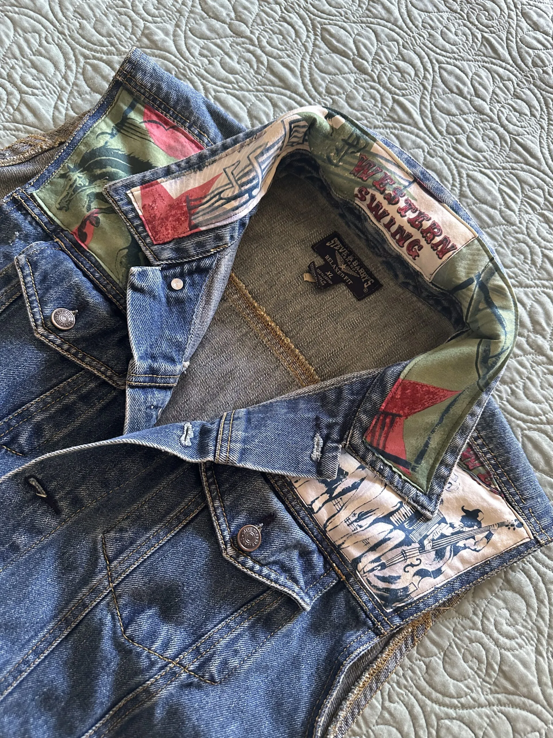 Upcycled denim vest embellished w/vintage Alexander Henry Honky Tonk fabric