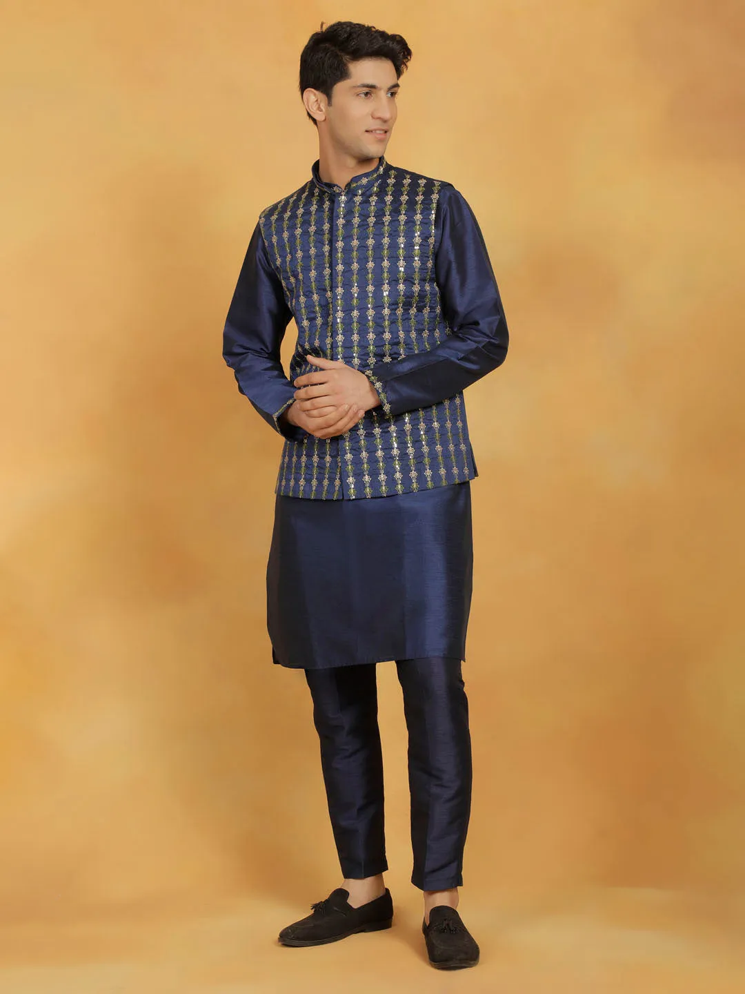 VASTRAMAY Men's Navy Blue Dupion Silk Kurta Pyjama Set